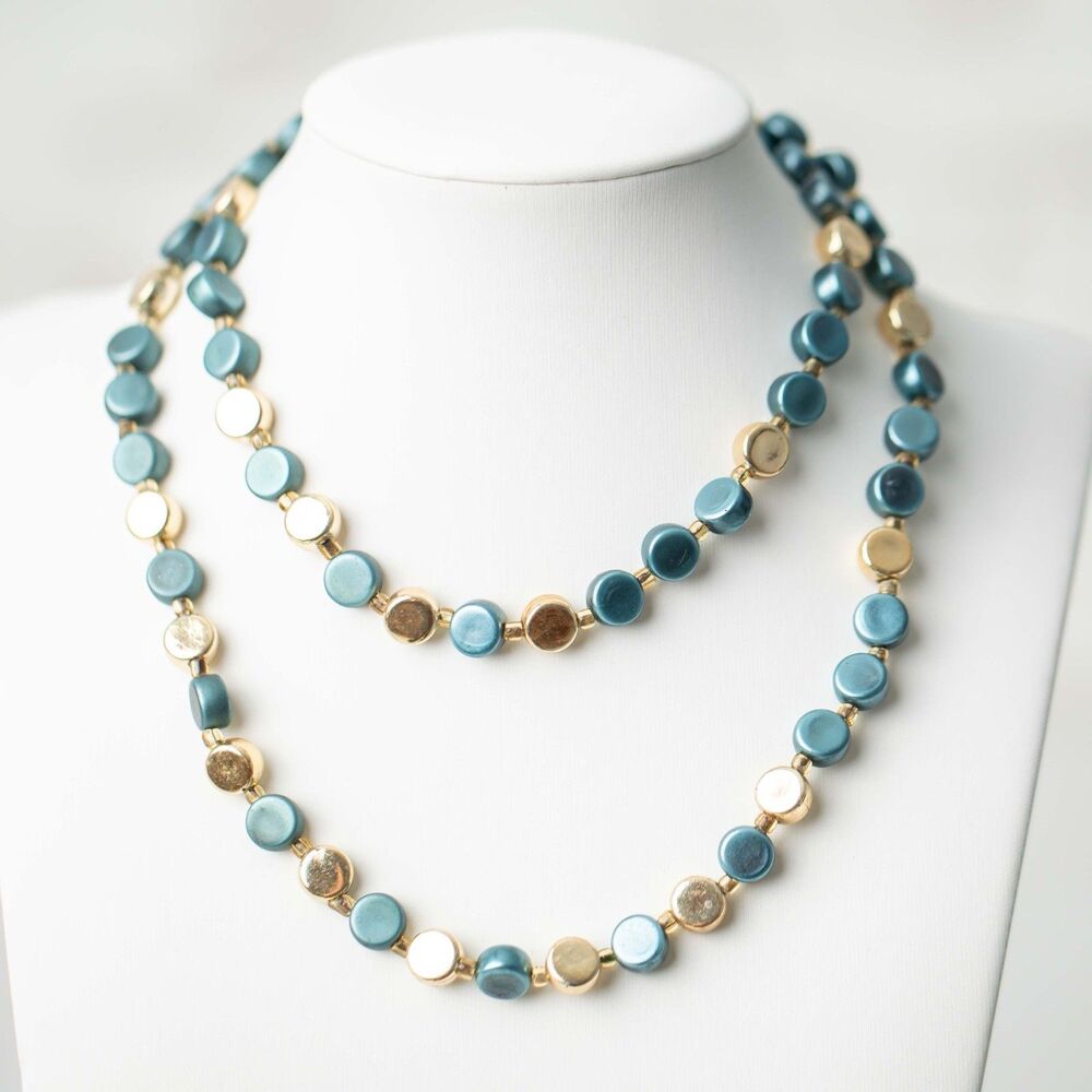 Vintage Teal Blue Gold Tone Beaded Long Necklace Double Strand Art Deco Style
